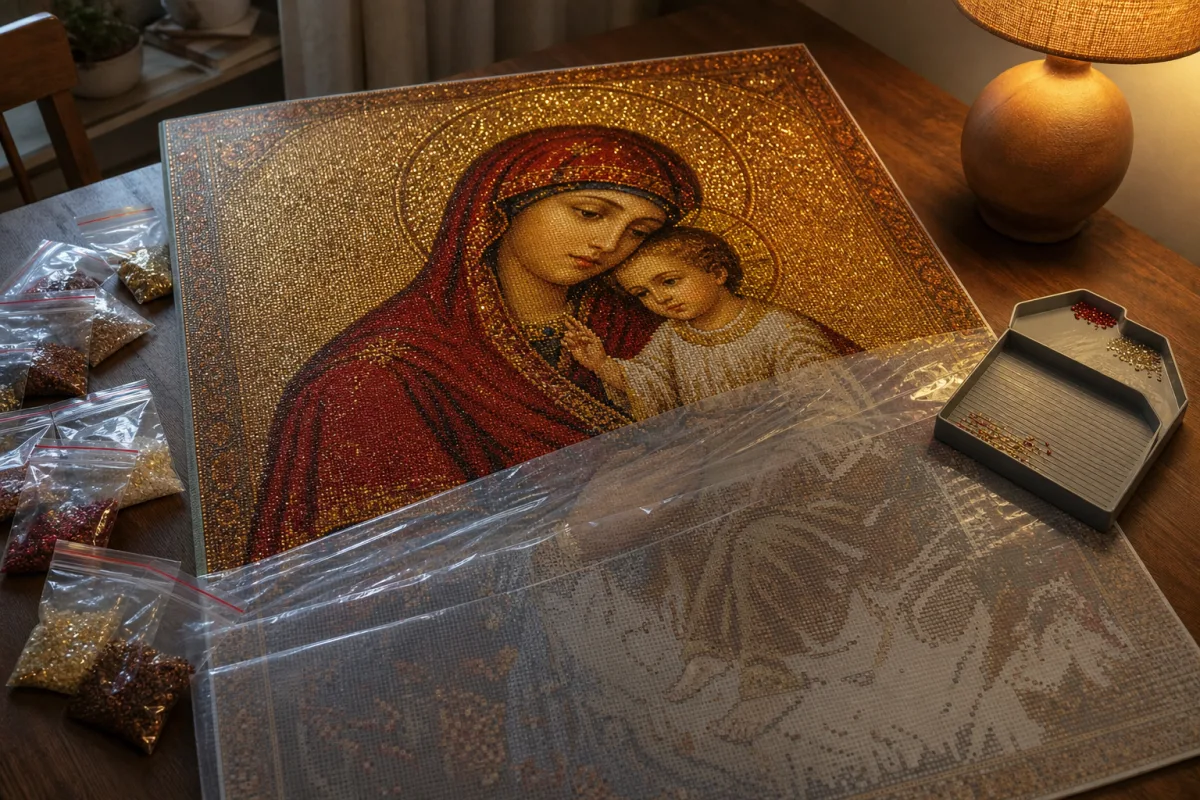 Голямо платно с религиозен сюжет в работа, с отгънато фолио и подредени пликчета до него