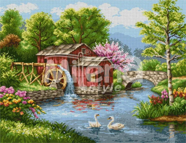 Пейзаж с лебеди - гоблен със схема